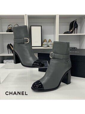 Chanel CC Logo Leather Patent Belt Short Boots Gray